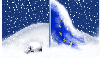 Illustration on European energy and winter by Alexander Hunter/The Washington Times