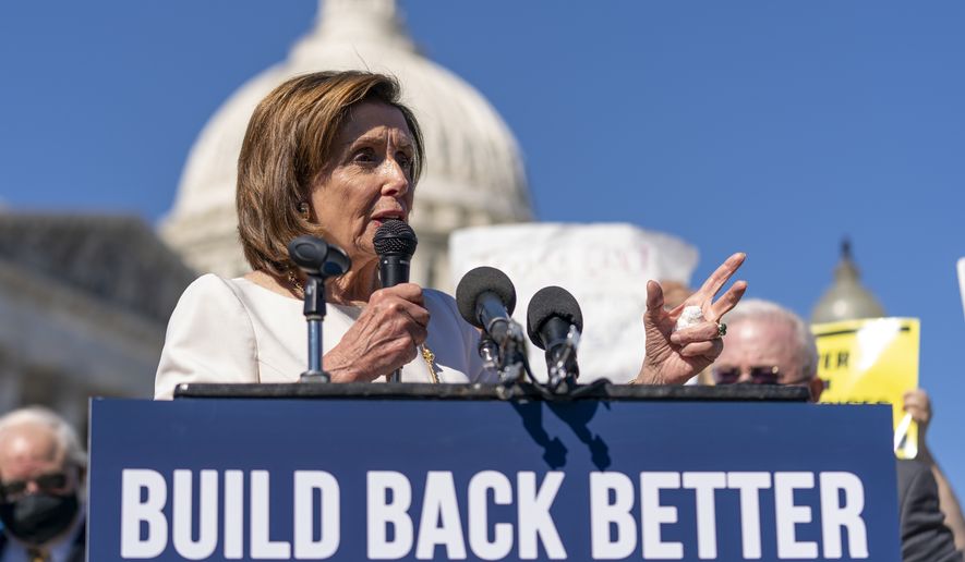House Speaker Nancy Pelosi of Calif., speaks about President Joe Biden&#39;s &quot;Build Back Better&quot; plan at a news conference on Capitol Hill in Washington, Wednesday, Oct. 20, 2021. (AP Photo/Andrew Harnik)