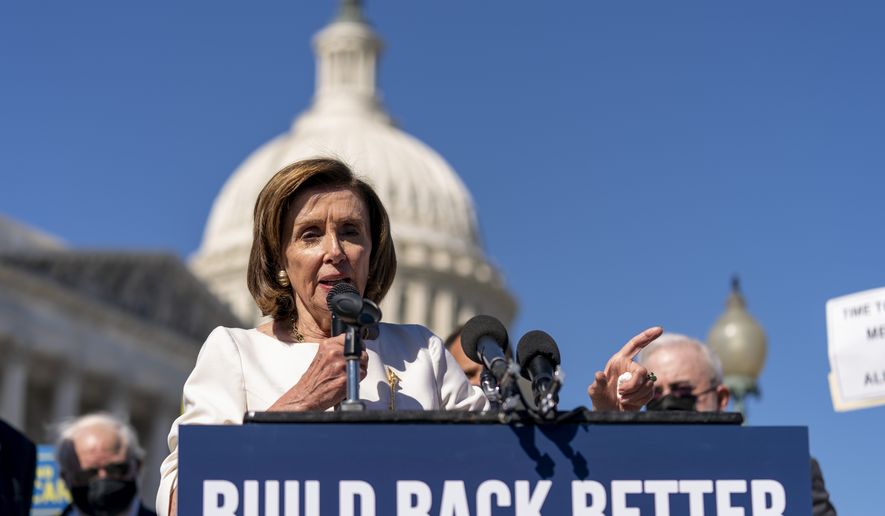House Speaker Nancy Pelosi of Calif., speaks about President Joe Biden&#x27;s &quot;Build Back Better&quot; plan at a news conference on Capitol Hill in Washington, Wednesday, Oct. 20, 2021. (AP Photo/Andrew Harnik)