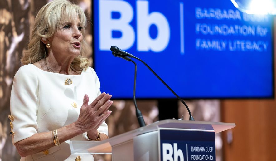 First lady Jill Biden speaks at the Barbara Bush Foundation for Family Literacy&#x27;s National Summit on Adult Literacy at the Kennedy Center in Washington, Wednesday, Oct. 20, 2021. (AP Photo/Andrew Harnik)