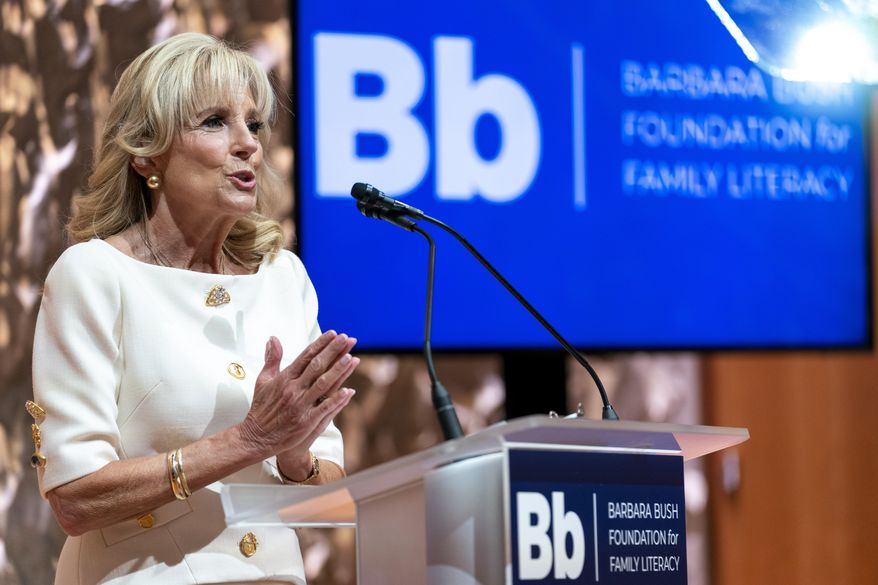 First lady Jill Biden speaks at the Barbara Bush Foundation for Family Literacy&#39;s National Summit on Adult Literacy at the Kennedy Center in Washington, Wednesday, Oct. 20, 2021. (AP Photo/Andrew Harnik)