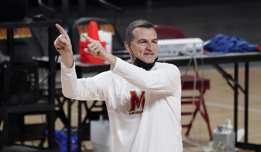 Maryland head coach Mark Turgeon talks to his team during a workout at the team&#39;s NCAA college basketball media day, Tuesday, Oct. 12, 2021, in College Park, Md. (AP Photo/Julio Cortez) **FILE**