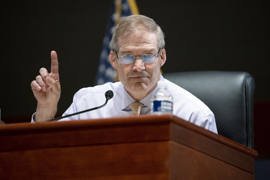 Rep. Jim Jordan, R-Ohio, speaks during a House Judiciary Committee oversight hearing of the Department of Justice on Thursday, Oct. 21, 2021, on Capitol Hill in Washington. (Greg Nash/Pool via AP)