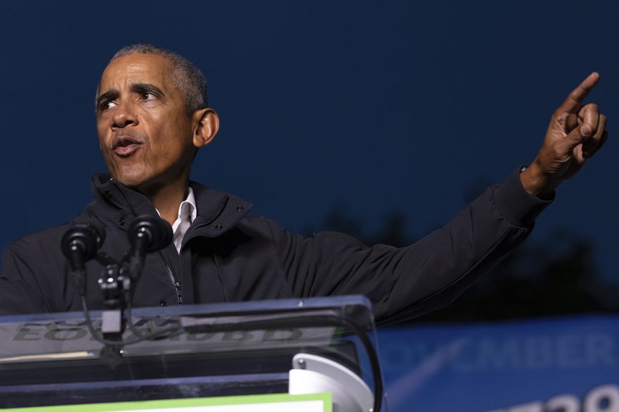 Former President Barack Obama speaks at an early vote rally at Weequahic Park, Saturday, Oct. 23, 2021, in Newark, N.J. (AP Photo/Stefan Jeremiah)