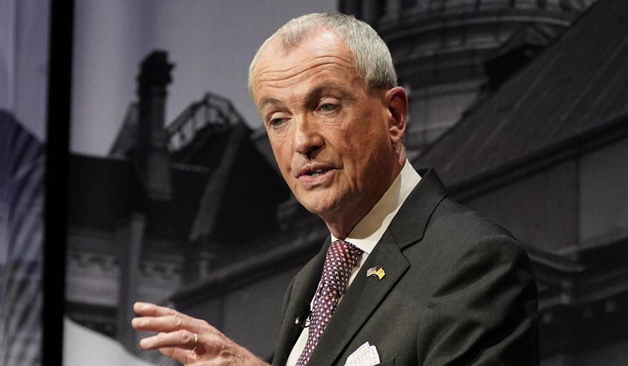 This photo from Tuesday, Oct. 12, 2021, shows Gov. Phil Murphy, D-N.J., during a gubernatorial debate at Rowan University in Glassboro, N.J. Murphy moved New Jersey to the left since he won election four years ago, but goes under a test that Democrats have not passed in recent years as he goes up against Republican challenger Jack Ciattarelli in this year&#39;s race for governor. (AP Photo/Frank Franklin II, Pool) **FILE**