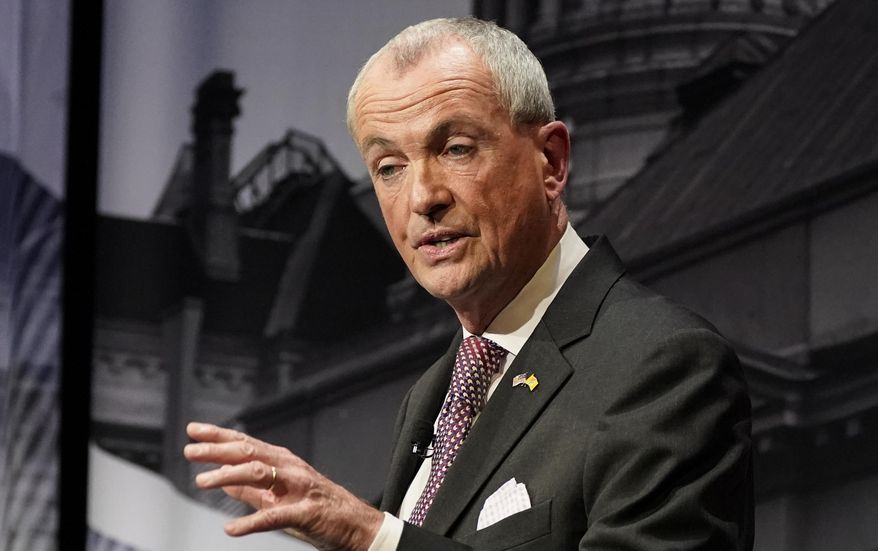 This photo from Tuesday, Oct. 12, 2021, shows Gov. Phil Murphy, D-N.J., during a gubernatorial debate at Rowan University in Glassboro, N.J. Murphy moved New Jersey to the left since he won election four years ago, but goes under a test that Democrats have not passed in recent years as he goes up against Republican challenger Jack Ciattarelli in this year&#39;s race for governor. (AP Photo/Frank Franklin II, Pool) **FILE**