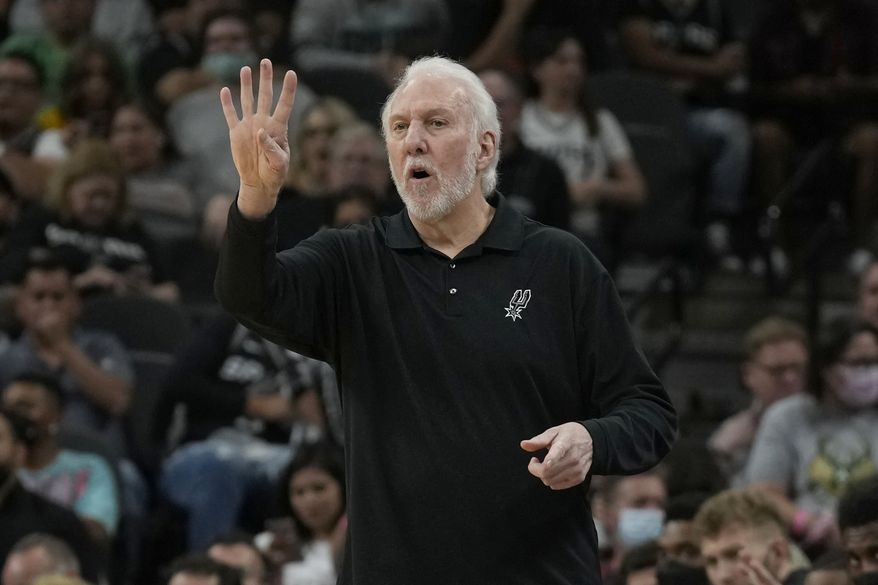 San Antonio Spurs head coach Gregg Popovich directs his team against the Milwaukee Bucks during the first half of an NBA basketball game in San Antonio, Saturday, Oct. 23, 2021. (AP Photo/Chuck Burton)
