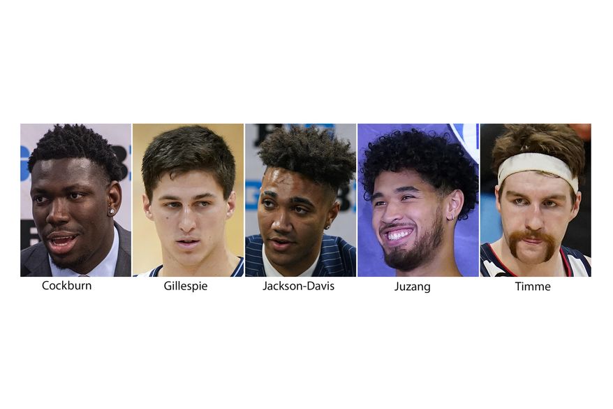 These are 2020 and 2021 file photos showing, from left; Illinois&#39; Kofi Cockburn, Villanova&#39;s Collin Gillespie, Indiana&#39;s Trayce Jackson-Davis, UCLA&#39;s Johnny Juzang and Gonzaga&#39;s Drew Timme. Drew Timme of Gonzaga is the lone unanimous selection on The Associated Press preseason All-America NCAA college basketball team, announced Monday, Oct. 25, 2021. He was joined by Illinois big man Kofi Cockburn, UCLA guard Johnny Juzang, Villanova point guard Collin Gillespie and Indiana forward Trayce Jackson-Davis. (AP Photo/File) **FILE**