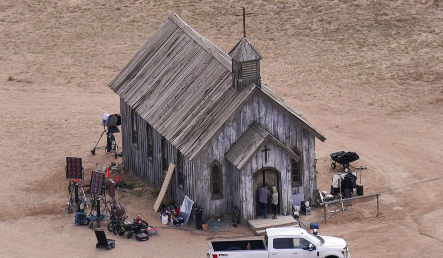 This aerial photo shows a film set at the Bonanza Creek Ranch in Santa Fe, N.M., Saturday, Oct. 23, 2021. Actor Alec Baldwin fired a prop gun on the set of a Western being filmed at the ranch on Thursday, Oct. 21, killing the cinematographer, officials said. (AP Photo/Jae C. Hong)