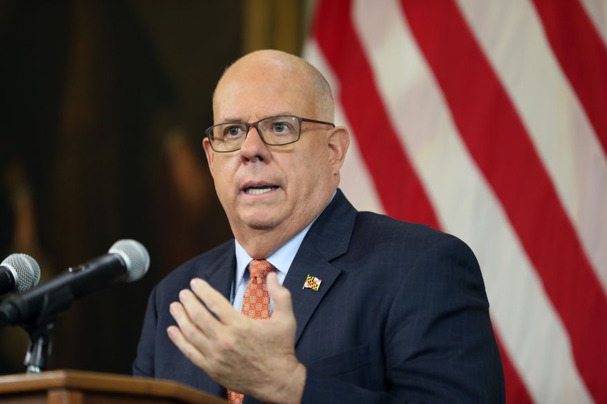 Maryland Gov. Larry Hogan urges all eligible state residents, especially those with an underlying health condition or comorbidity, to get a COVID-19 vaccine booster shot as soon as possible, during a news conference, Monday, Oct. 25, 2021, in Annapolis, Md. (AP Photo/Brian Witte) **FILE**