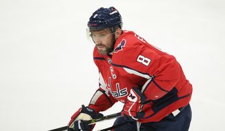 Washington Capitals left wing Alex Ovechkin (8) during the third period of an NHL hockey game against the Calgary Flames, Saturday, Oct. 23, 2021, in Washington. The Flames won 4-3 in overtime. (AP Photo/Nick Wass)