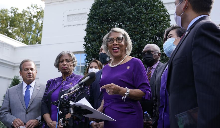 Rep. Joyce Beatty, D-Ohio, center, Chair of the Congressional Black Caucus, standing with other House Democrats, talks outside the West Wing of the White House in Washington, Tuesday, Oct. 26, 2021, following a meeting with President Joe Biden to work out details of the Biden administration&#39;s domestic agenda. (AP Photo/Susan Walsh)