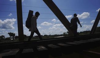 Migrants who are part of caravan cross a railroad track in Huixtla, Chiapas state, Mexico, Tuesday, Oct. 26, 2021, on a day of rest before continuing their trek across southern Mexico to the U.S. border. (AP Photo/Marco Ugarte)