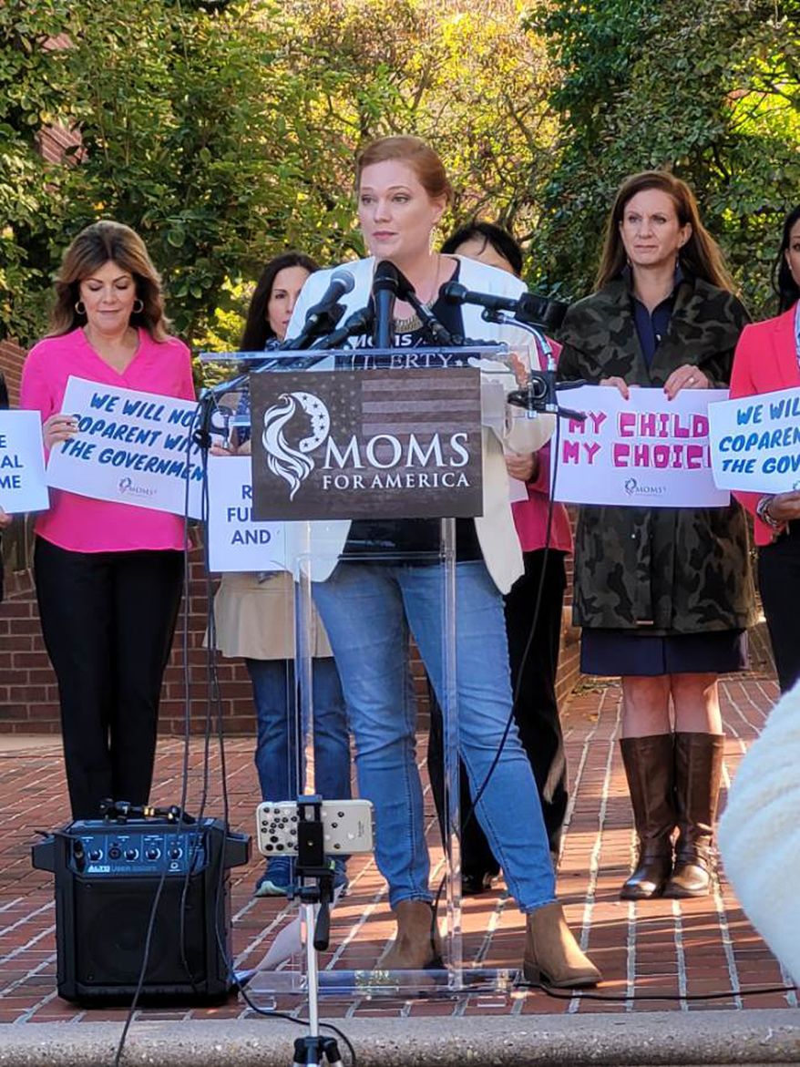 Marie Rogerson, a mother of three, speaks at a protest outside the National School Boards Association headquarters in Alexandria, Virginia, Oct. 21, 2021 (Photo courtesy of Moms for America)