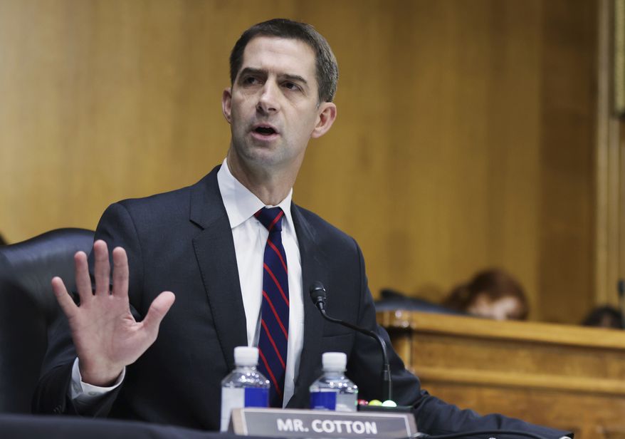 Sen. Tom Cotton, R-Ark., questions Attorney General Merrick Garland during a Senate Judiciary Committee hearing examining the Department of Justice on Capitol Hill in Washington, Wednesday, Oct. 27, 2021. (Tasos Katopodis/Pool via AP)