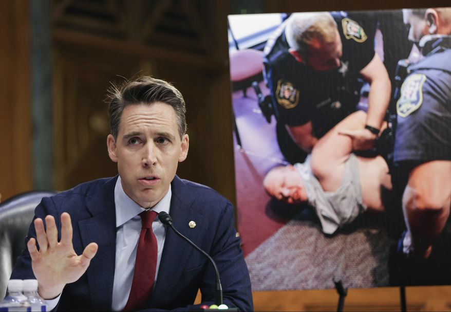 Sen. Josh Hawley, R-Mo., questions Attorney General Merrick Garland during a Senate Judiciary Committee hearing examining the Department of Justice on Capitol Hill in Washington, Wednesday, Oct. 27, 2021. (Tasos Katopodis/Pool via AP) **FILE**