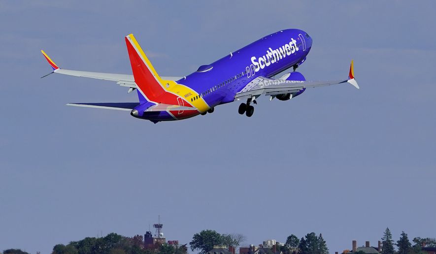 A Southwest Airlines flight takes off from the Portland Jetport, Wednesday, Oct. 13, 2021, in Portland, Maine. (AP Photo/Robert F. Bukaty, file)