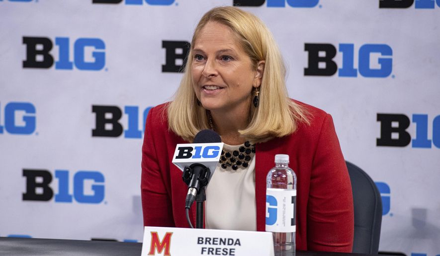 FILE - Maryland women&#39;s head coach Brenda Frese addresses the media during the first day of the Big Ten NCAA college basketball media days, Thursday, Oct. 7, 2021, in Indianapolis. No. 4 Maryland is the Big Ten’s top-ranked women’s basketball team. (AP Photo/Doug McSchooler, File)
