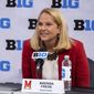 FILE - Maryland women&#39;s head coach Brenda Frese addresses the media during the first day of the Big Ten NCAA college basketball media days, Thursday, Oct. 7, 2021, in Indianapolis. No. 4 Maryland is the Big Ten’s top-ranked women’s basketball team. (AP Photo/Doug McSchooler, File)