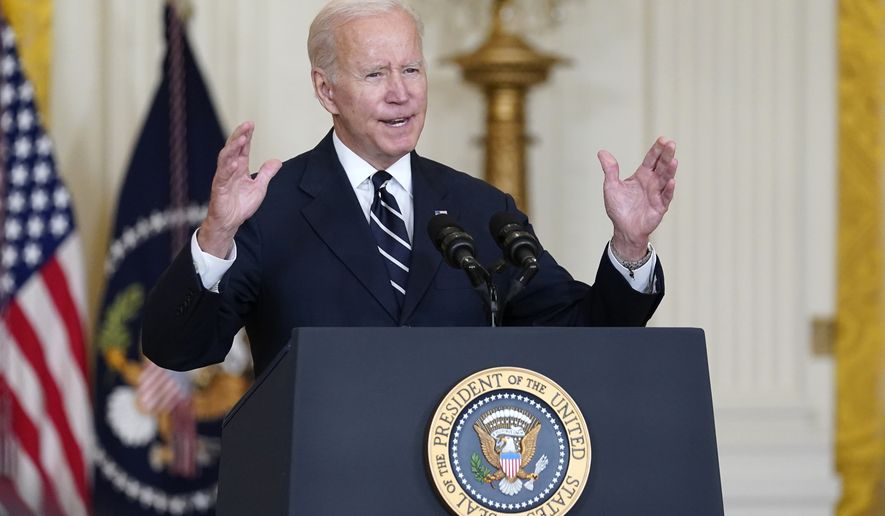President Joe Biden speaks about his domestic agenda from the East Room of the White House in Washington, Thursday, Oct. 28, 2021. (AP Photo/Susan Walsh)