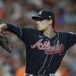 Atlanta Braves starting pitcher Max Fried throws during the first inning in Game 2 of baseball&#39;s World Series between the Houston Astros and the Atlanta Braves Wednesday, Oct. 27, 2021, in Houston. (AP Photo/David J. Phillip) **FILE**