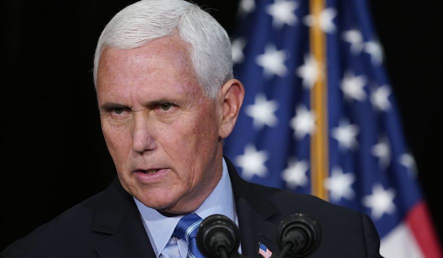 In this file photo, former Vice President Mike Pence speaks at Patrick Henry College in Purcellville, Va., Thursday, Oct. 28, 2021. (AP Photo/Patrick Semansky)  **FILE**
