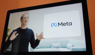 Seen on the screen of a device in Sausalito, Calif., Facebook CEO Mark Zuckerberg announces their new name, Meta, during a virtual event on Thursday, Oct. 28, 2021. Zuckerberg talked up his latest passion -- creating a virtual reality &amp;quot;metaverse&amp;quot; for business, entertainment and meaningful social interactions. (AP Photo/Eric Risberg)