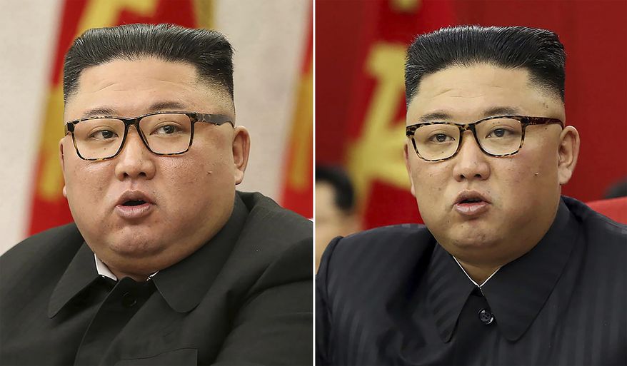 This combination of file photos provided by the North Korean government, shows North Korean leader Kim Jong-un at Workers&#39; Party meetings in Pyongyang, North Korea, on Feb. 8, 2021, left, and June 15, 2021. Kim has recently lost about 20 kilograms (44 pounds), but he remains healthy and tries to boost public loyalty toward him in the face of worsening economic difficulties, South Korea’s spy agency told lawmakers Thursday, Oct. 28, 2021. (Korean Central News Agency/Korea News Service via AP, File)