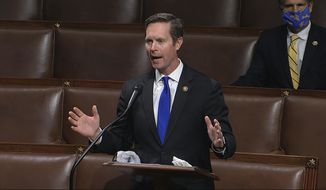 In this April 23, 2020, image from video, Rep. Rodney Davis, R-Ill., speaks at the U.S. Capitol in Washington. Illinois Democrats are delivering, using their dominance in state government to advance new congressional district maps on Thursday, Oct. 28, 2021, intended to eliminate two Republican-held districts and send more Democrats to Washington. Republican Rep. Davis, who said he may challenge Democratic Gov. J.B. Pritzker next year depending on the final map, was drawn into a safe GOP district that meanders from one side of the state to the other. (House Television via AP) **FILE**