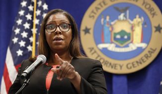 In this Aug. 6, 2020, file photo, New York Attorney General Letitia James takes a question after announcing that the state is suing the National Rifle Association, during a press conference, in New York. (AP Photo/Kathy Willens) ** FILE **