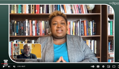 In this screen capture from YouTube, Rutgers professor Brittney Cooper, center, is interviewed by The Root&#39;s Michael Harriott, bottom left, in a September 21, 2021, video titled &quot;Unpacking The Attacks on Critical Race Theory.&quot; (YouTube/The Root) [https://www.youtube.com/watch?v=efjZqmVKm9Q]