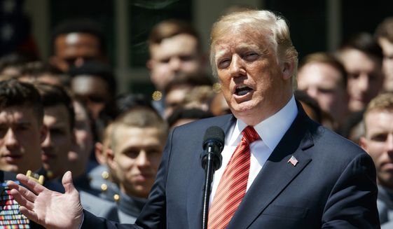 In this Tuesday, May 1, 2018, file photo, then-President Donald Trump speaks during a ceremony to present the Commander in Chief trophy to the U.S. Military Academy football team in the Rose Garden of the White House in Washington. (AP Photo/Evan Vucci, File)