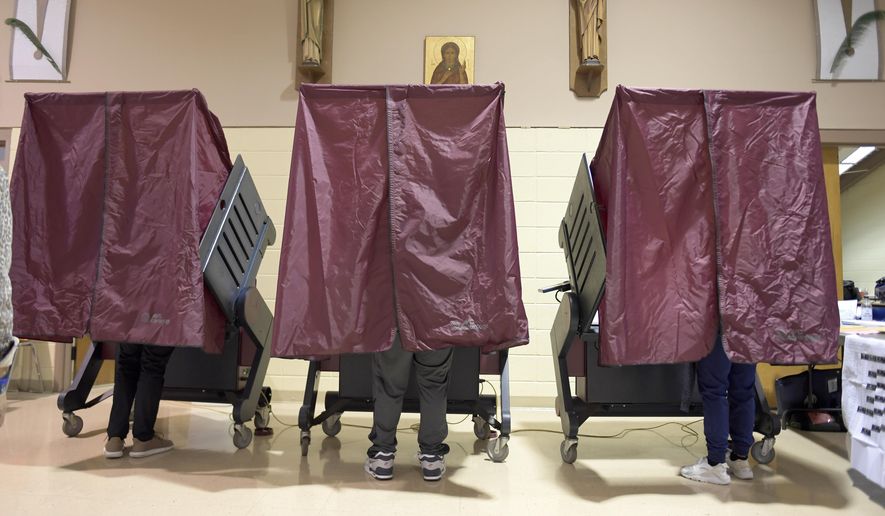 In this Tuesday, Nov. 3, 2020, file photo, voters occupy booths at St. Maria Goretti Church, where five voting precincts are located, as polls open for Election Day in New Orleans. (Max Becherer/The Advocate via AP, File)
