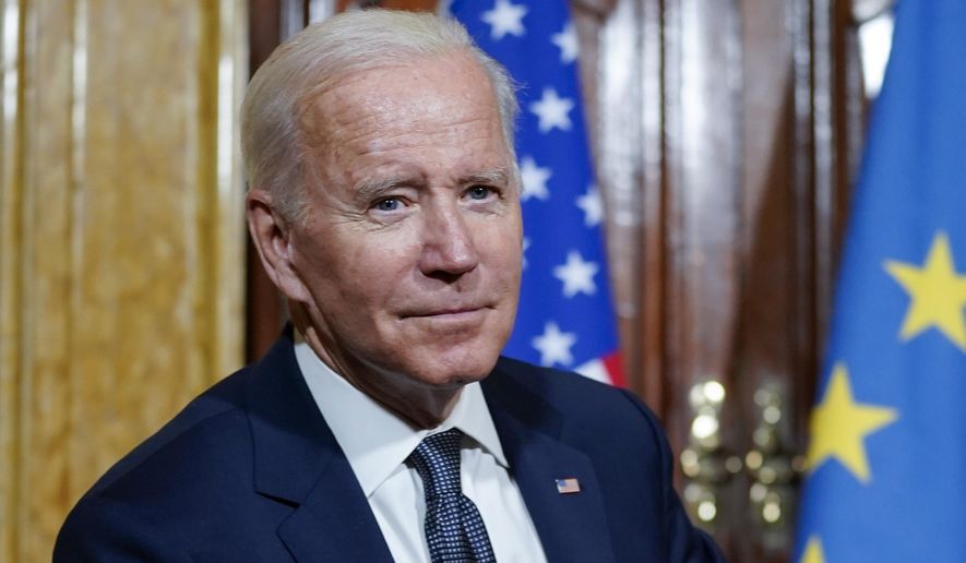 U.S. President Joe Biden looks on prior to a meeting with French President Emmanuel Macron at La Villa Bonaparte in Rome, Friday, Oct. 29, 2021. Mr. Biden said Saturday that talks with Iran will resume in an effort to re-establish the Obama-era nuclear accord, as he and U.S. allies warned that Tehran has “accelerated the pace of provocative nuclear steps.” (AP Photo/Evan Vucci)