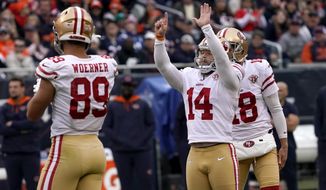 San Francisco 49ers kicker Joey Slye celebrates his field goal with Charlie Woerner (89) and Mitch Wishnowsky during the first half of an NFL football game against the Chicago Bears Sunday, Oct. 31, 2021, in Chicago. (AP Photo/David Banks) ** FILE **