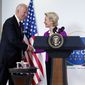 President Joe Biden and European Commission president Ursula von der Leyen shake hands after talking to reporters about pausing the trade war over steel and aluminum tariffs during the G20 leaders summit, Sunday, Oct. 31, 2021, in Rome. (AP Photo/Evan Vucci)