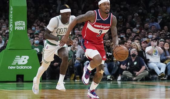 Washington Wizards guard Bradley Beal (3) during the second half of an NBA basketball game, Saturday, Oct. 30, 2021, in Boston. (AP Photo/Charles Krupa)