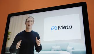 Seen on the screen of a device in Sausalito, Calif., Facebook CEO Mark Zuckerberg announces their new name, Meta, during a virtual event on Thursday, Oct. 28, 2021. (AP Photo/Eric Risberg, File)