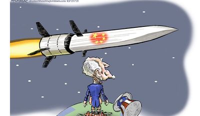 China&#39;s hypersonic weapons and Uncle Sam (Illustration by Alexander Hunter for The Washington Times) (published November 1, 2021)