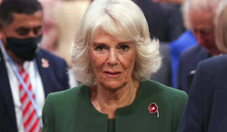 Britain&#39;s Camilla, Duchess of Cornwall, attends the opening ceremony of the U.N. Climate Change Conference COP26 in Glasgow, Scotland, Monday Nov. 1, 2021. The U.N. climate summit in Glasgow gathers leaders from around the world, in Scotland&#39;s biggest city, to lay out their vision for addressing the common challenge of global warming. (Yves Herman/Pool via AP)