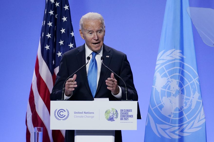 President Joe Biden speaks during a news conference at the COP26 U.N. Climate Summit, Tuesday, Nov. 2, 2021, in Glasgow, Scotland. (AP Photo/Evan Vucci)