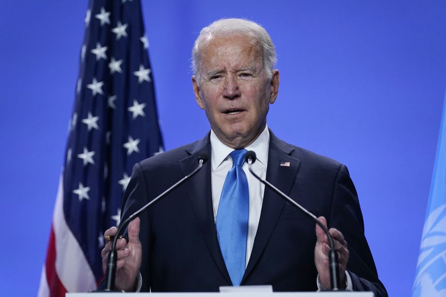President Joe Biden speaks during a news conference at the COP26 U.N. Climate Summit, Tuesday, Nov. 2, 2021, in Glasgow, Scotland. (AP Photo/Evan Vucci)