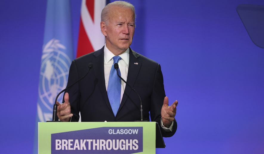 U.S. President Joe Biden speaks at the COP26 Summit, in Glasgow, Scotland, Tuesday, Nov. 2, 2021. The U.N. climate summit in Glasgow gathers leaders from around the world, in Scotland&#x27;s biggest city, to lay out their vision for addressing the common challenge of global warming. (Steve Reigate/Pool Photo via AP)