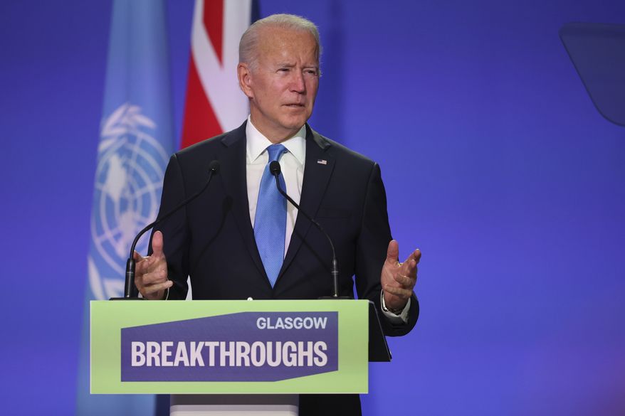 U.S. President Joe Biden speaks at the COP26 Summit, in Glasgow, Scotland, Tuesday, Nov. 2, 2021. The U.N. climate summit in Glasgow gathers leaders from around the world, in Scotland&#x27;s biggest city, to lay out their vision for addressing the common challenge of global warming. (Steve Reigate/Pool Photo via AP)