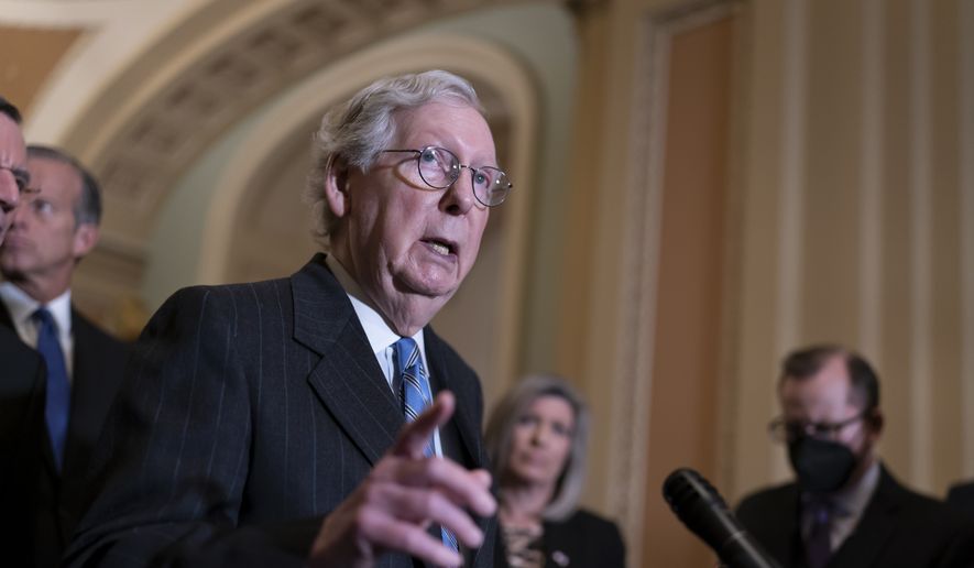 Senate Minority Leader Mitch McConnell, R-Ky., speaks to reporters after a Republican policy meeting at the Capitol in Washington, Tuesday, Nov. 2, 2021. (AP Photo/J. Scott Applewhite) ** FILE **