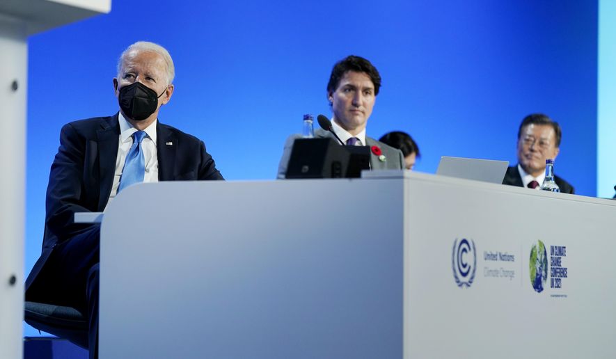 President Joe Biden, Canadian Prime Minister Justin Trudeau and Japan&#39;s Prime Minister Fumio Kishida, listen during an event about the &amp;quot;Global Methane Pledge&amp;quot; at the COP26 U.N. Climate Summit, Tuesday, Nov. 2, 2021, in Glasgow, Scotland. (AP Photo/Evan Vucci)