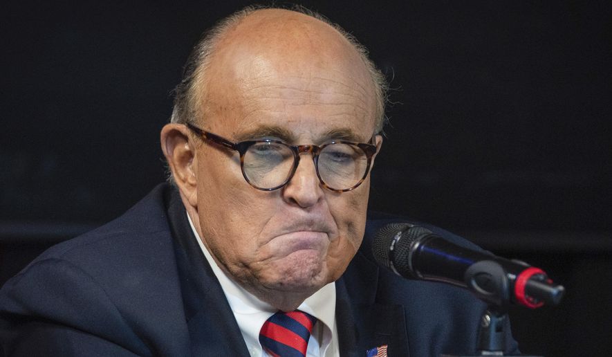 Former New York City Mayor Rudy Giuliani reacts during a talk radio show at the WABC studios in New York on Friday, Sept. 10, 2021. (AP Photo/Robert Bumsted) **FILE**