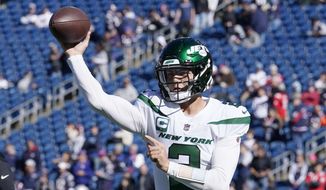New York Jets quarterback Zach Wilson (2) throws prior to an NFL football between the New England Patriots and New York Jets, Sunday, Oct. 24, 2021, in Foxborough, Mass. (AP Photo/Steven Senne) **FILE**