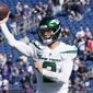New York Jets quarterback Zach Wilson (2) throws prior to an NFL football between the New England Patriots and New York Jets, Sunday, Oct. 24, 2021, in Foxborough, Mass. (AP Photo/Steven Senne) **FILE**