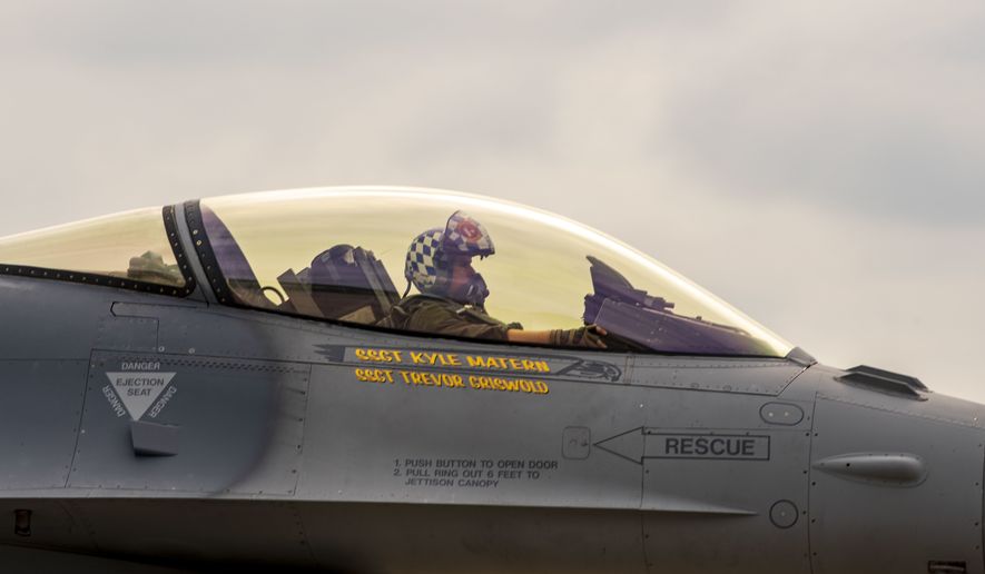 A U.S. Air Force pilot assigned to the 55th Fighter Squadron, taxis an F-16 Viper at Shaw Air Force Base, South Carolina, Sept. 17, 2021. The 20th Fighter Wing is home to three combat-proven F-16 Viper squadrons that regularly train to project combat airpower anytime, anywhere. (U.S. Air Force photo by Airman 1st Class Isaac Nicholson)